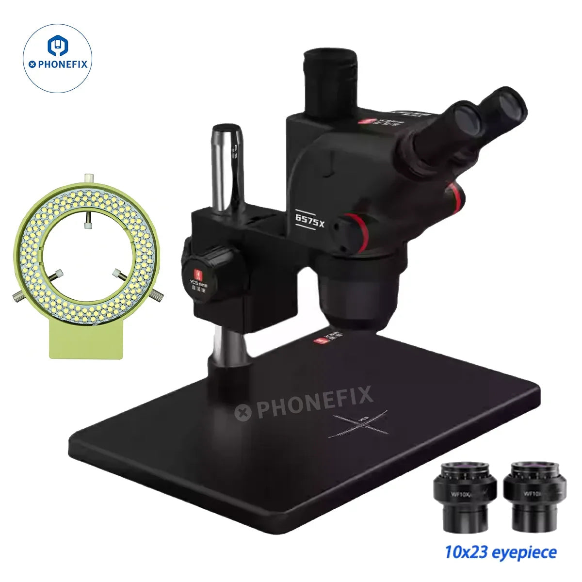 YCS 6575X 6.5X-75X trinocular electric microscope with 4K camera and PHONEFIX branding, showing the microscope's eyepieces and camera attachment.