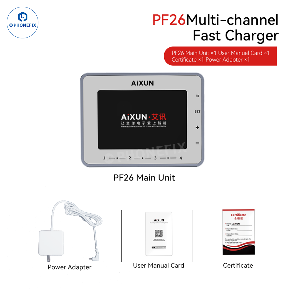 AiXun PF26 Smart Fast Charger by PHONEFIX with multiple USB ports and charging cables for efficient phone charging.