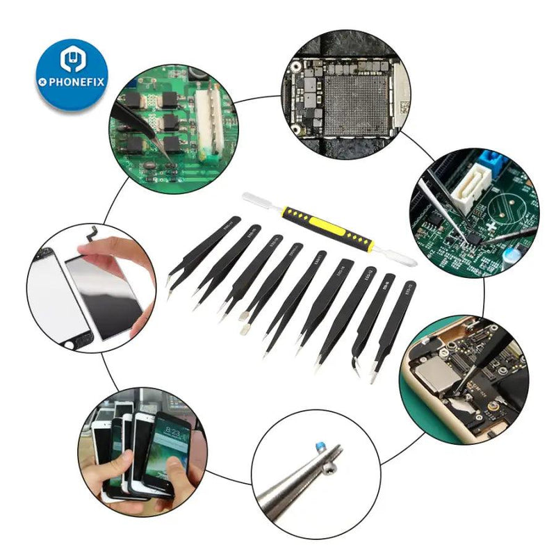 10pcs Stainless Steel ESD Tweezers Set Repair Tools in Canvas Bag - CHINA PHONEFIX