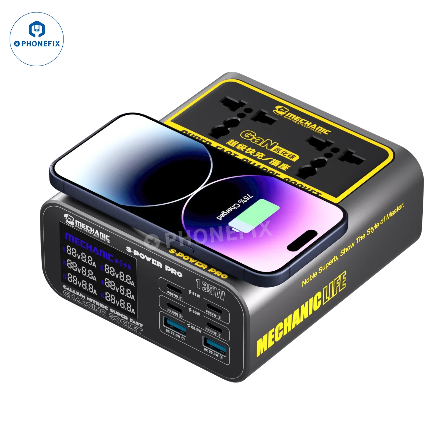 Mechanická bezdrátová nabíječka se zásuvkou pro rychlé nabíjení S-POWER PRO