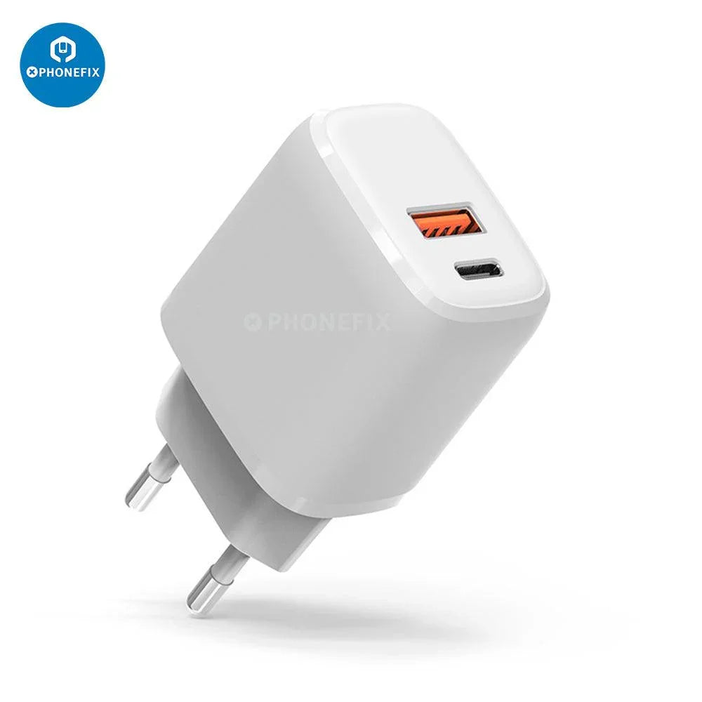 CHINA PHONEFIX 20W USB-C and USB dual port PD power adapter for iPhone, iPad, and MacBook devices.