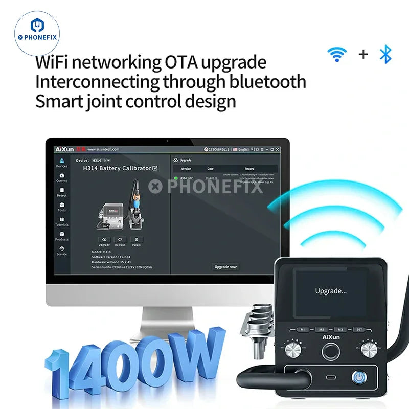 AiXun H314 1400W hot air gun on CHINA PHONEFIX BGA rework station with digital controls and adjustable temperature settings.