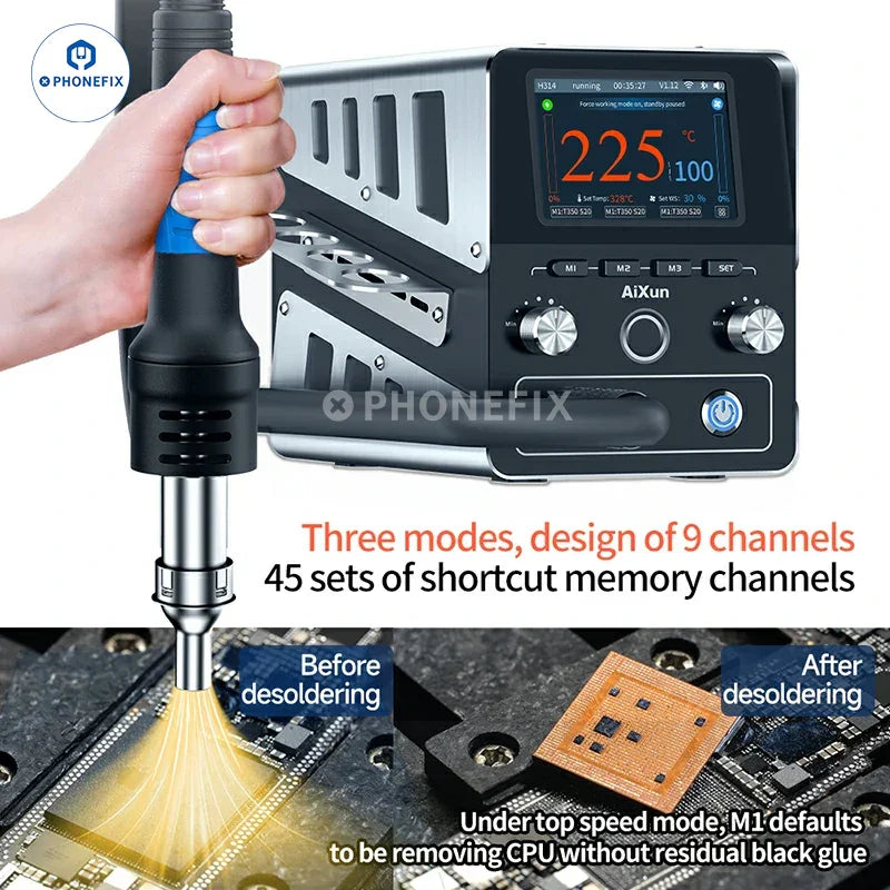 AiXun H314 1400W hot air gun on BGA rework station, with digital display and ergonomic design for electronics repair.
