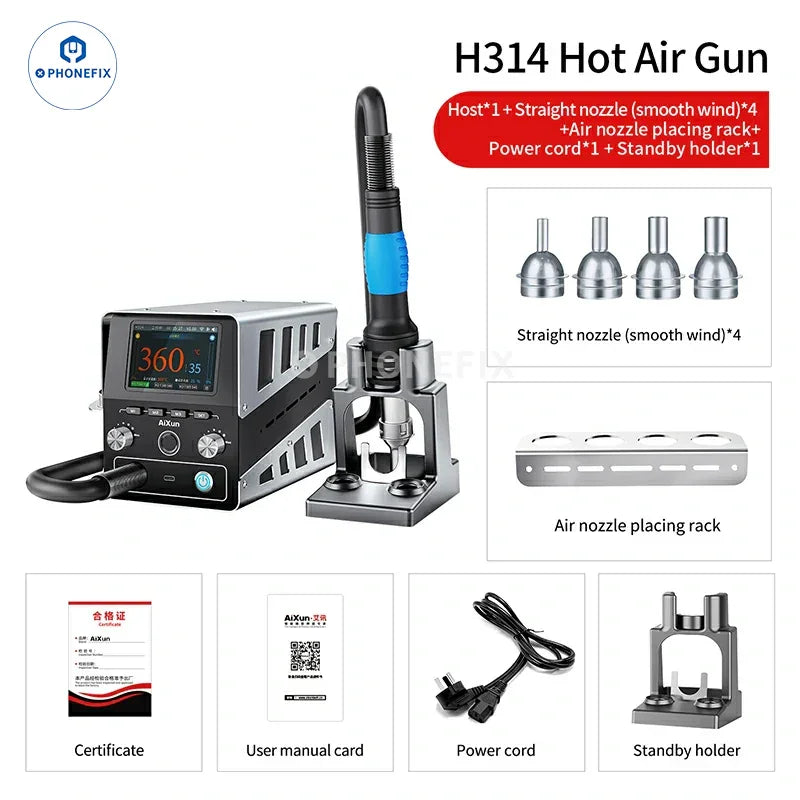 AiXun H314 1400W hot air gun on CHINA PHONEFIX BGA rework station with digital controls and ergonomic design