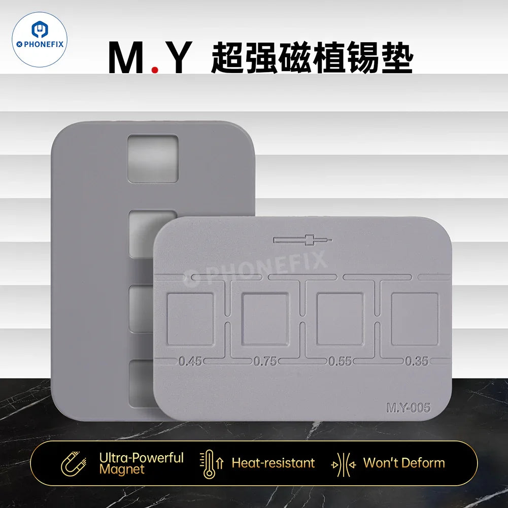 Heat-resistant magnetic tin pad for CPU BGA IC soldering by YCS M.Y 005, shown on a work surface with soldering tools.