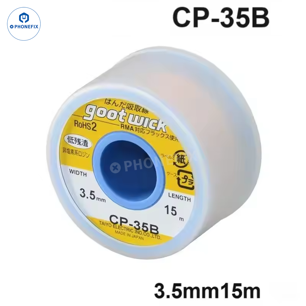Original GOOT WICK desoldering solder wire CP 35B from PHONEFIX, used for removing solder in electronic repairs.