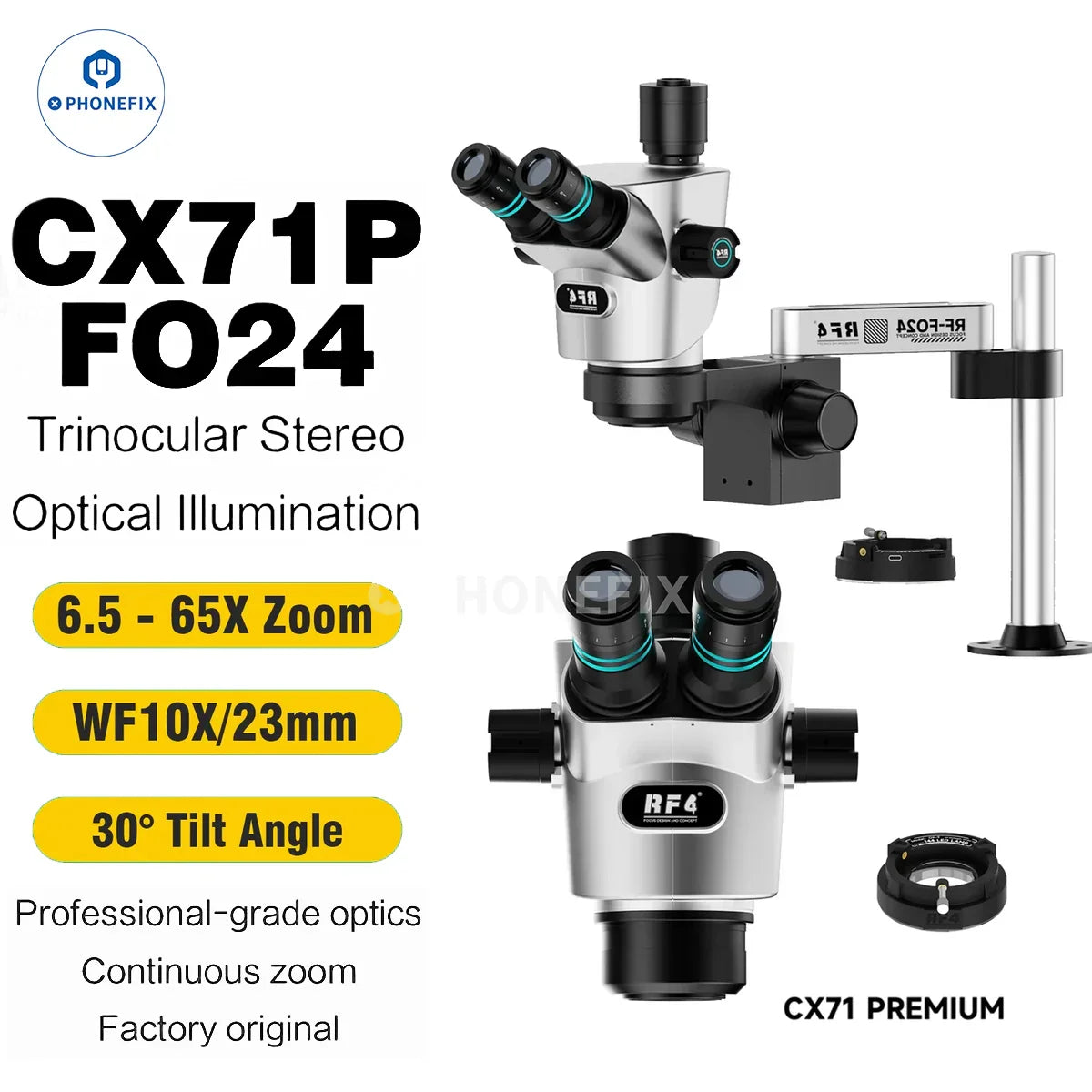 RF4 CX71P 6.5-65X Trinocular Stereo Microscope with Stand & Camera