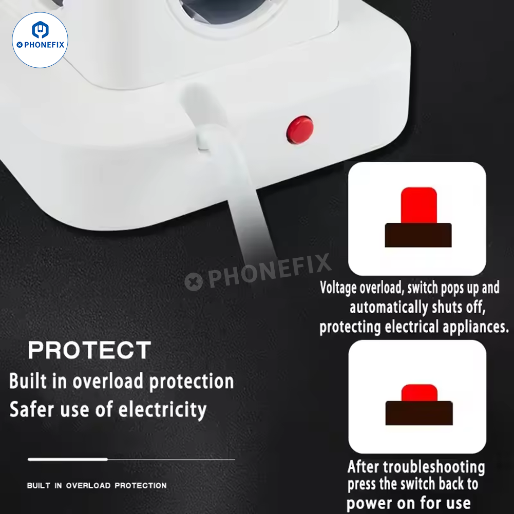 EU power strip with multiple outlets and USB Type-C PD charging ports, branded PHONEFIX, for versatile device charging.