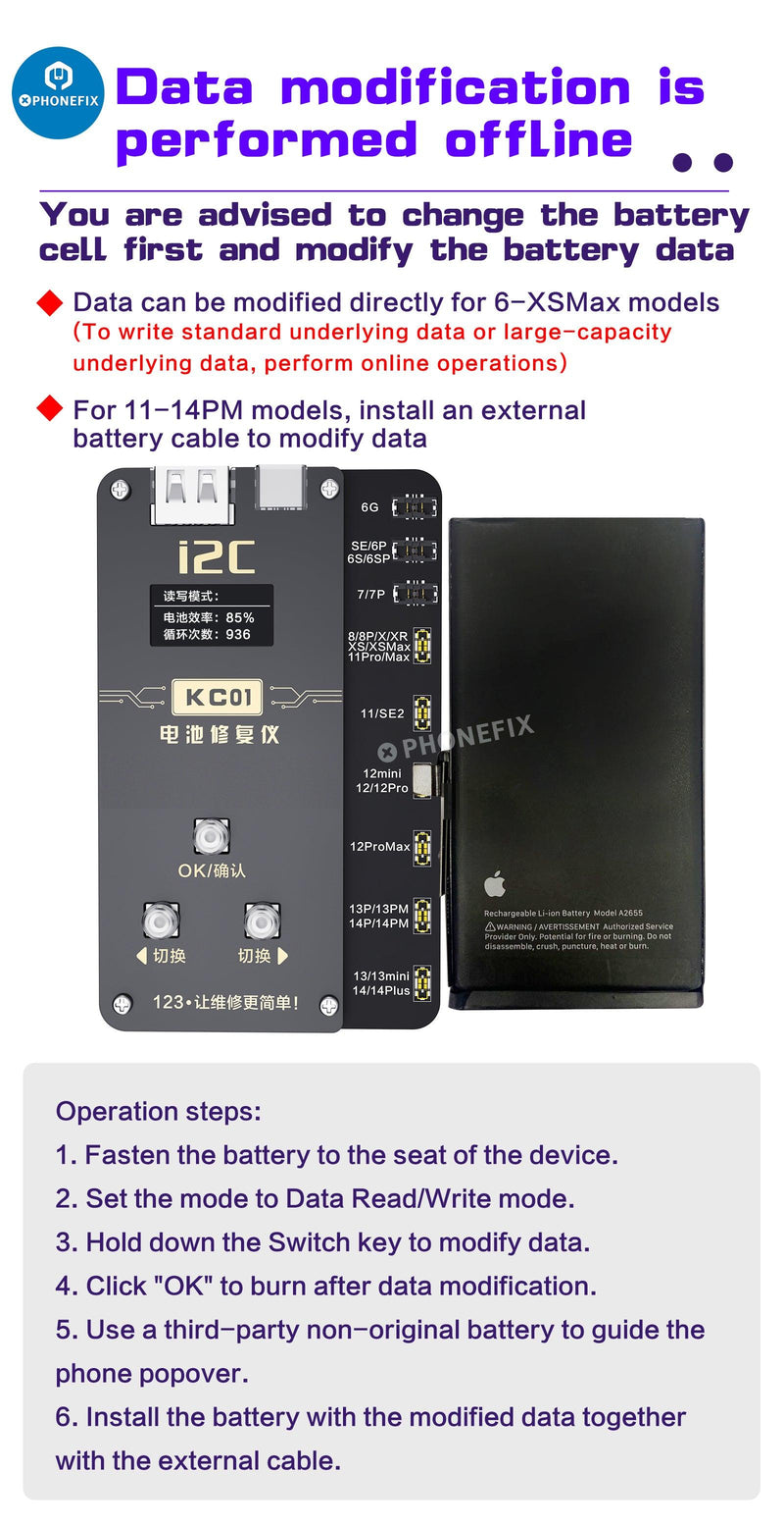 i2C KC01 Battery Repair Instrument For iPhone 6-14 Pro Max - CHINA PHONEFIX