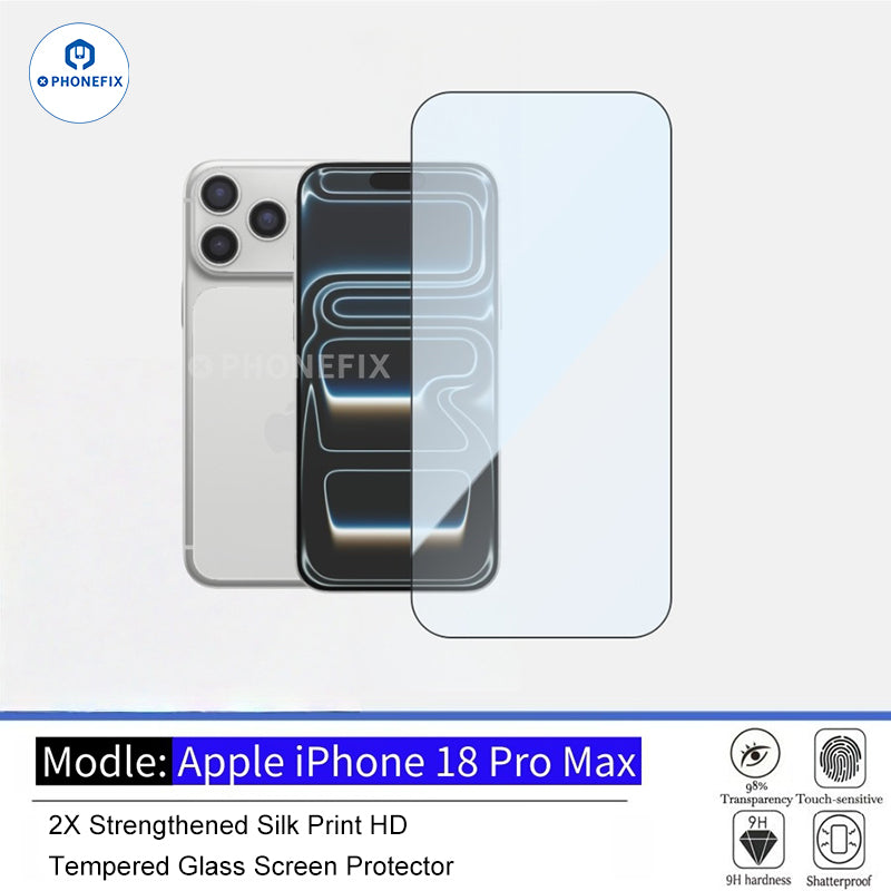 iPhone 18 Pro Max tempered glass screen protector by PHONEFIX, showing HD clarity and privacy filter on a smartphone screen.