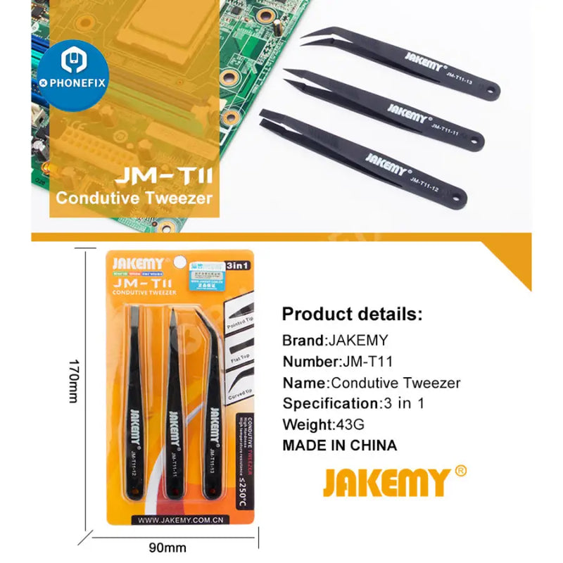 JM-T11 3 In 1 Anti-Static Tweezers Set Repair Toolkit For
