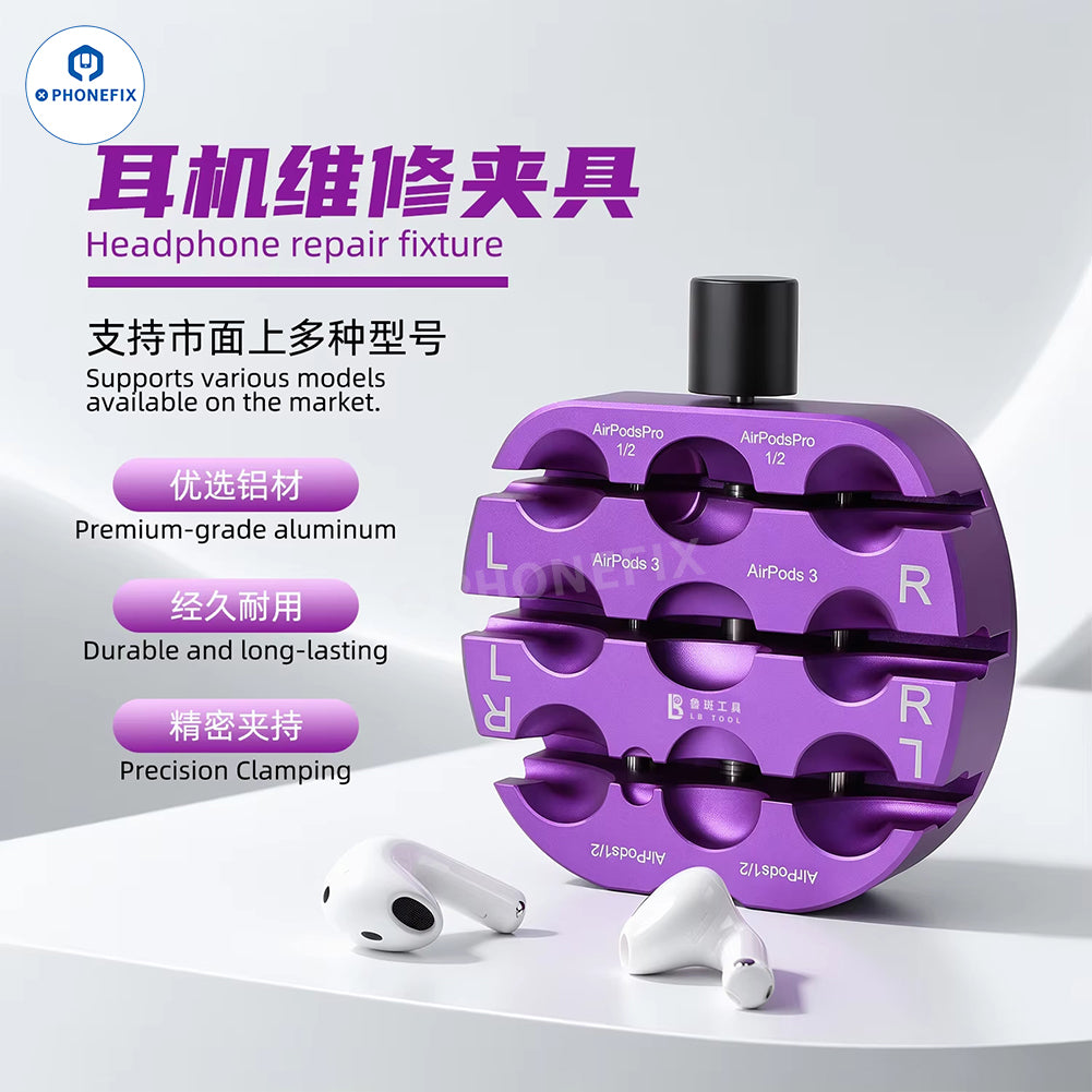 PhoneFix LUBAN Headphone Repair Fixture for AirPods, precision clamping jig for soldering and repair work on earbuds.