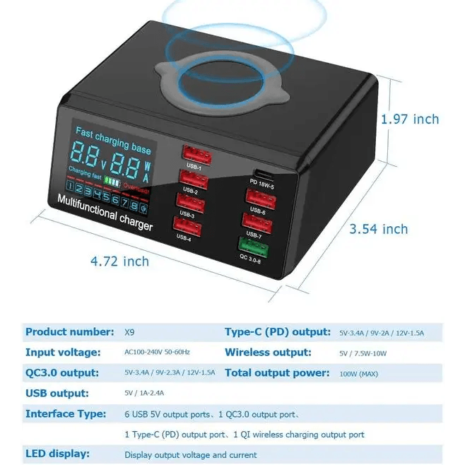 Multifunction 8 Port USB Fast Charging Station with Wireless 100W - CHINA PHONEFIX