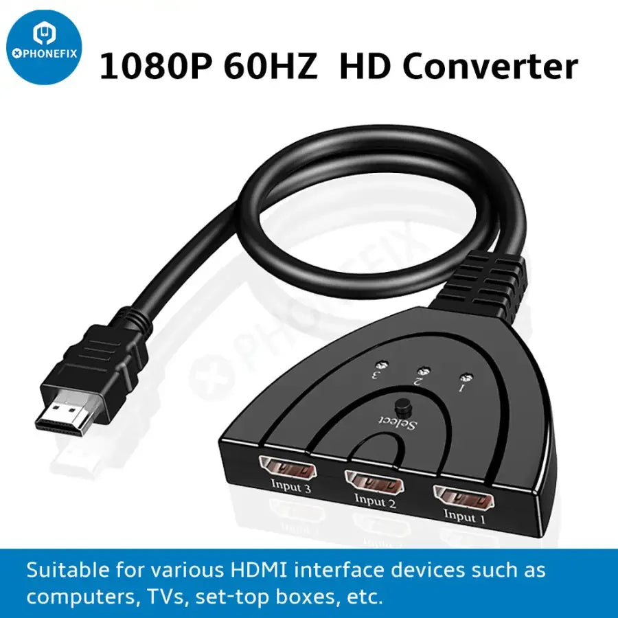 PHONEFIX 3 in 1 Out HDMI multi-display auto switcher with 0.4m HDMI cable, compact 3C accessories for easy device connection.