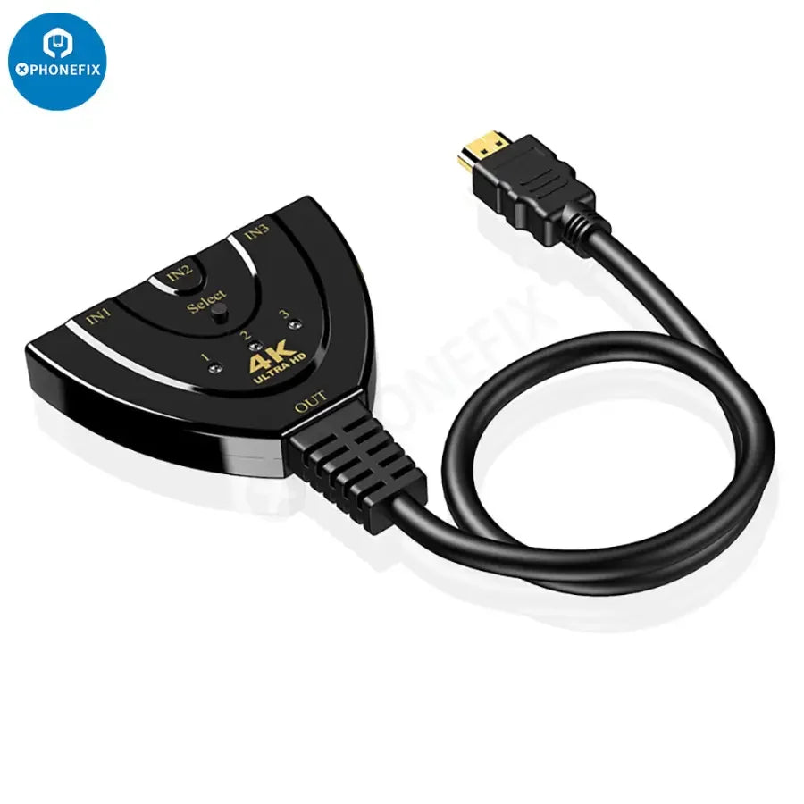 PHONEFIX 3-in-1 HDMI multi-display auto switcher with 0.4m HDMI cable, supports 1080p at 60Hz for versatile audio-visual setup.