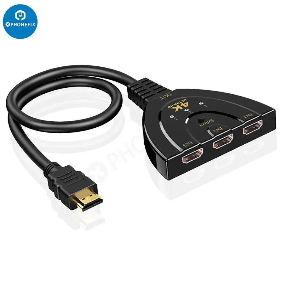 PHONEFIX 3-in-1 HDMI auto switcher for multiple displays with 0.4M HDMI cable, showcasing device and cable connection.