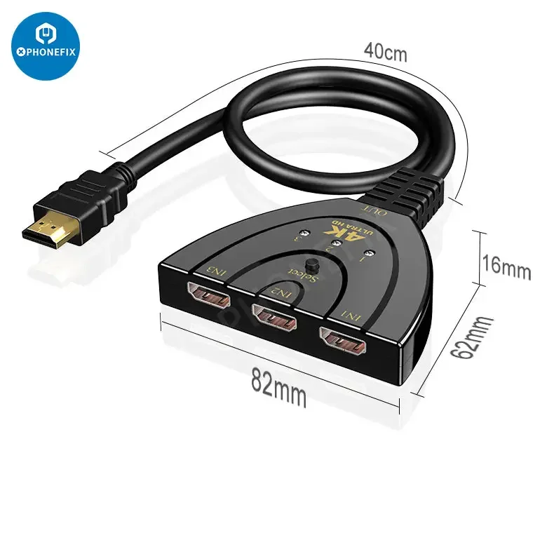 PHONEFIX 3 in 1 Out HDMI multi-display auto switcher with 0.4m HDMI cable, supports 1080p at 60Hz for versatile device connections.