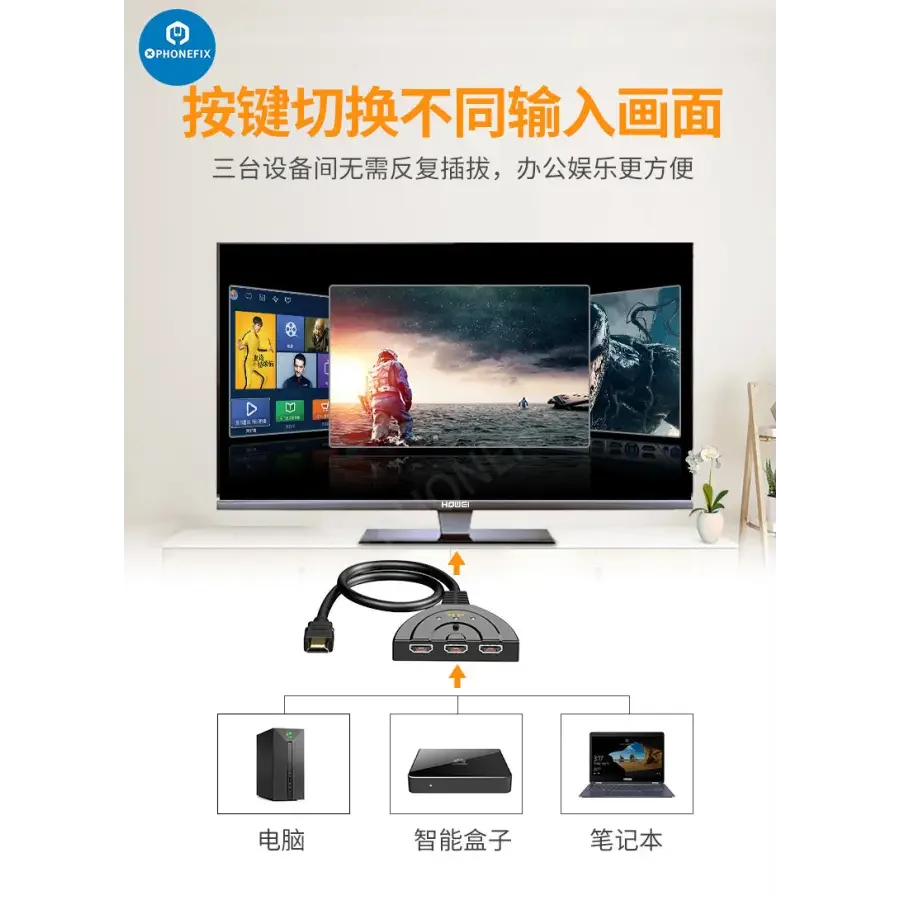 PHONEFIX 3-in-1 HDMI multi-display auto switcher with 0.4m HDMI cable, supports 1080p at 60Hz for multi-device video switching.