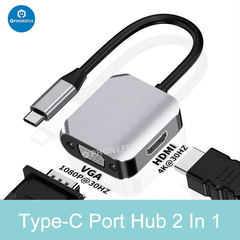 PHONEFIX Hub adaptateur multiport USB 3.0 Type C pour MacBook et PC, étendant la connectivité grâce à ses multiples ports.