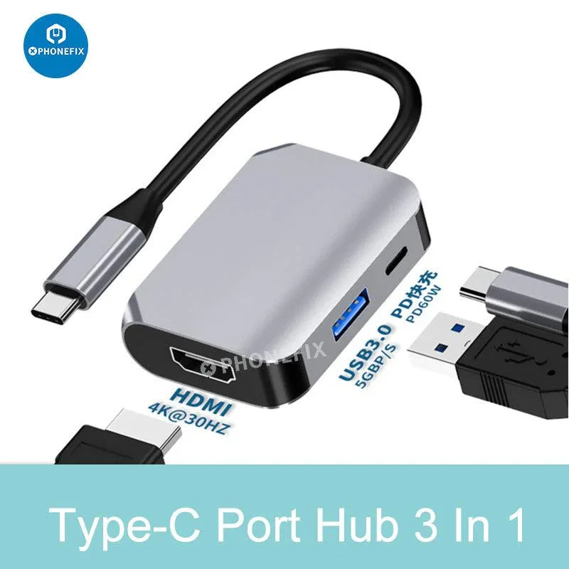 PHONEFIX Hub adaptateur multiport USB 3.0 Type-C pour MacBook, ordinateur portable et PC, doté de plusieurs ports USB et d'une conception compacte.