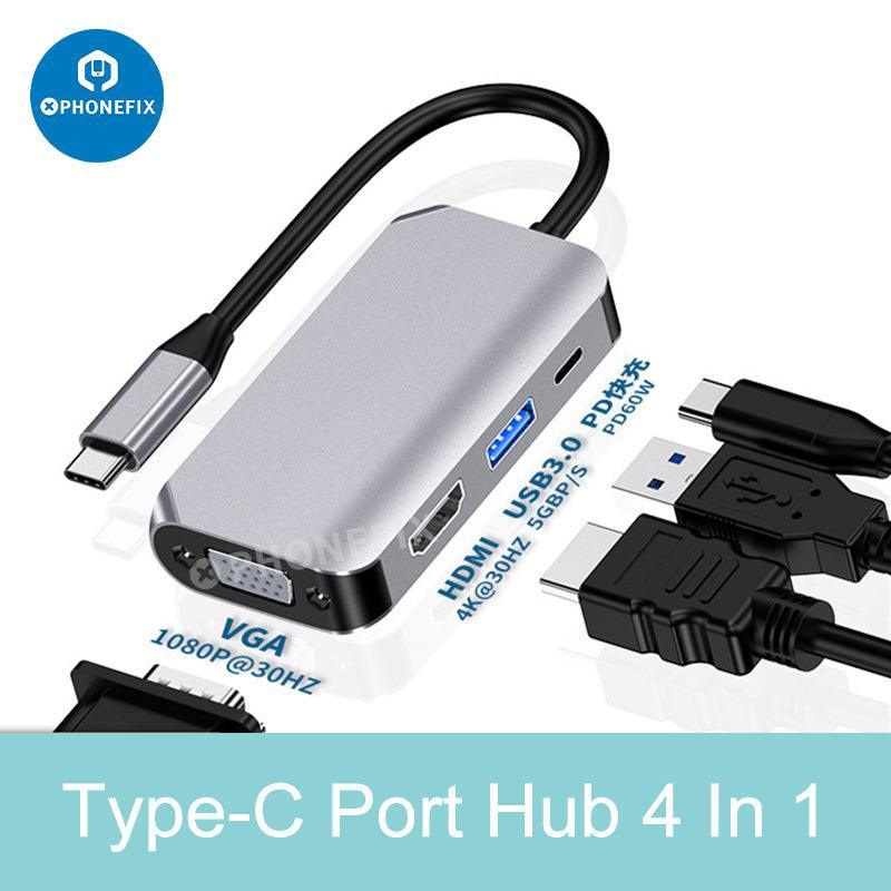 PHONEFIX Hub adaptateur multiport USB 3.0 Type-C pour MacBook et PC, avec plusieurs ports pour une connectivité étendue.