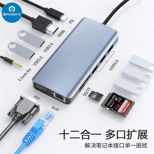 PHONEFIX 12-in-1 USB C Hub docking station with Type-C port, PD fast charging, and multiple connectivity options.