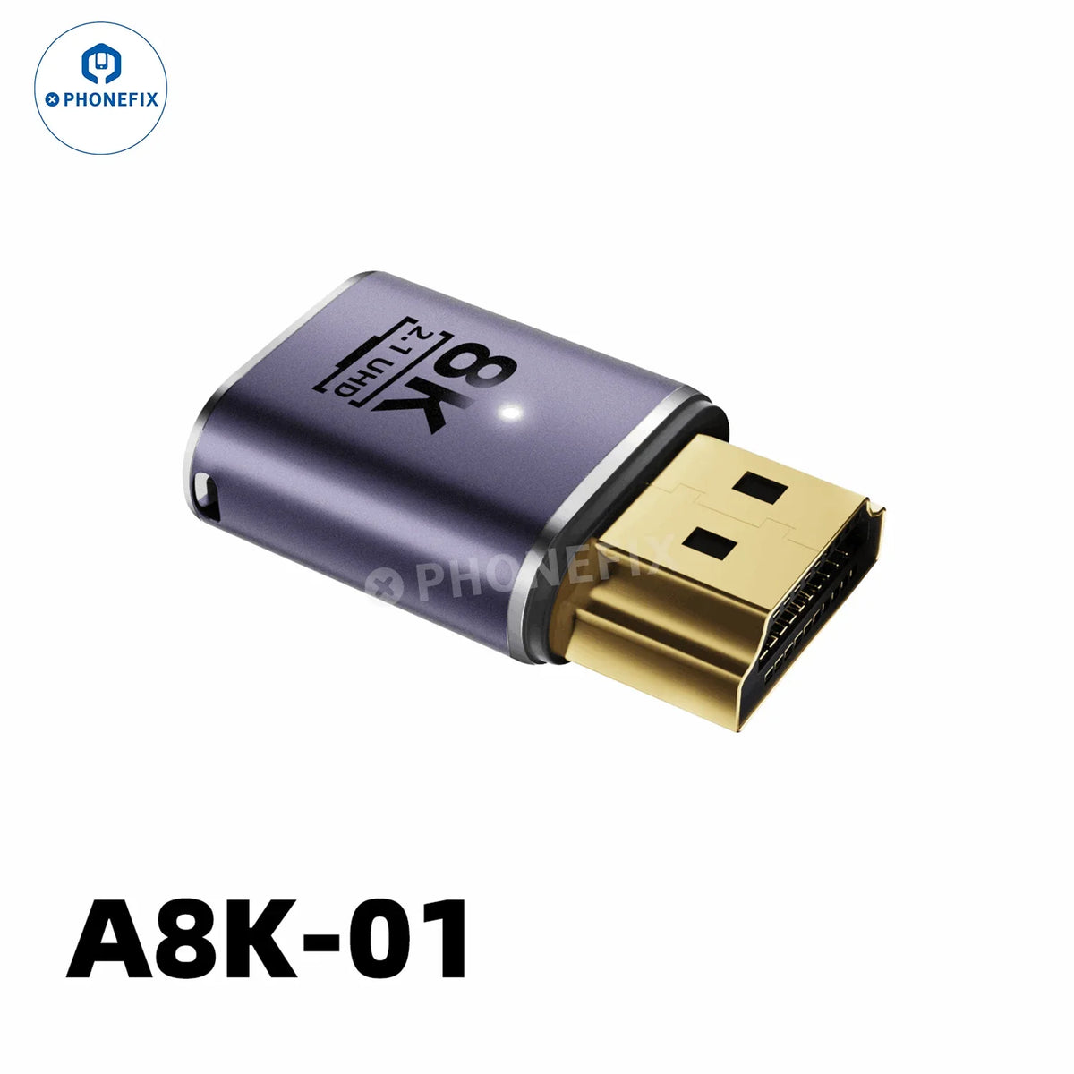 PhoneFix 8K 60Hz 48Gbps converter extension connector for phones, laptops, and HDTVs, showing the compact cable and connector ends.