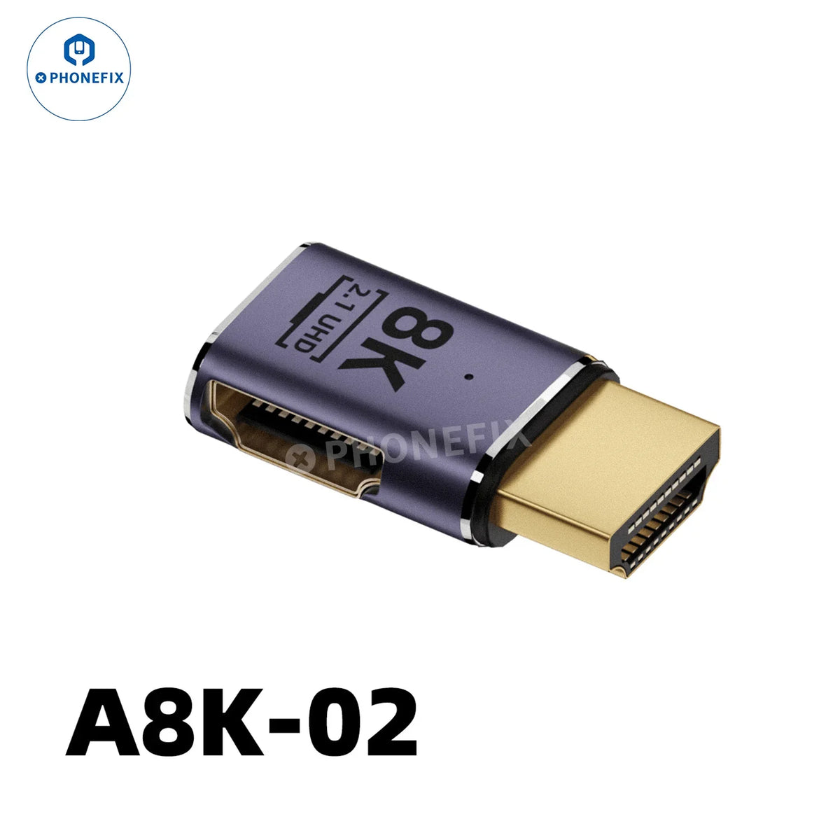 PhoneFix 8K 60Hz 48Gbps converter extension connector for phone, laptop, and HDTV, shown connected to electronic devices.