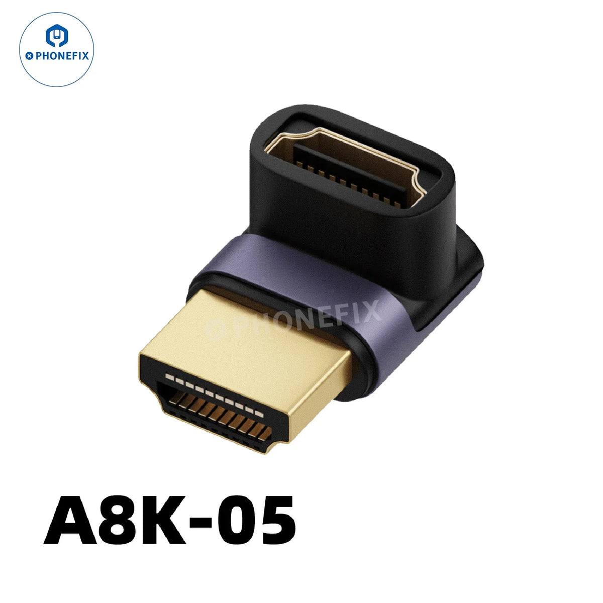 PHONEFIX 8K 60Hz 48Gbps converter extension connector for phone, laptop, and HDTV, showing a sleek black 3C accessory.