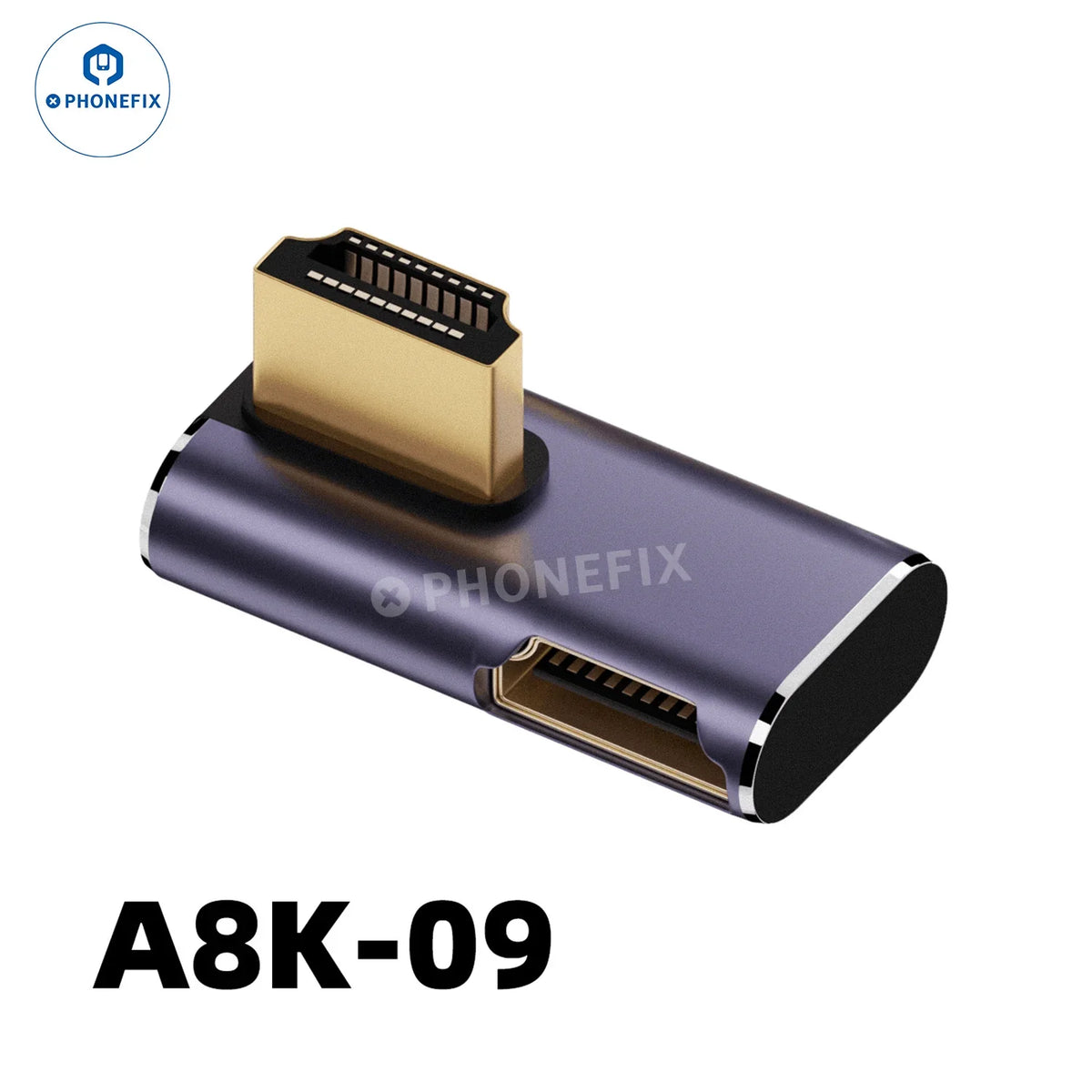 PhoneFix 8K 60Hz 48Gbps converter extension connector for phone, laptop, and HDTV, shown connected to devices.