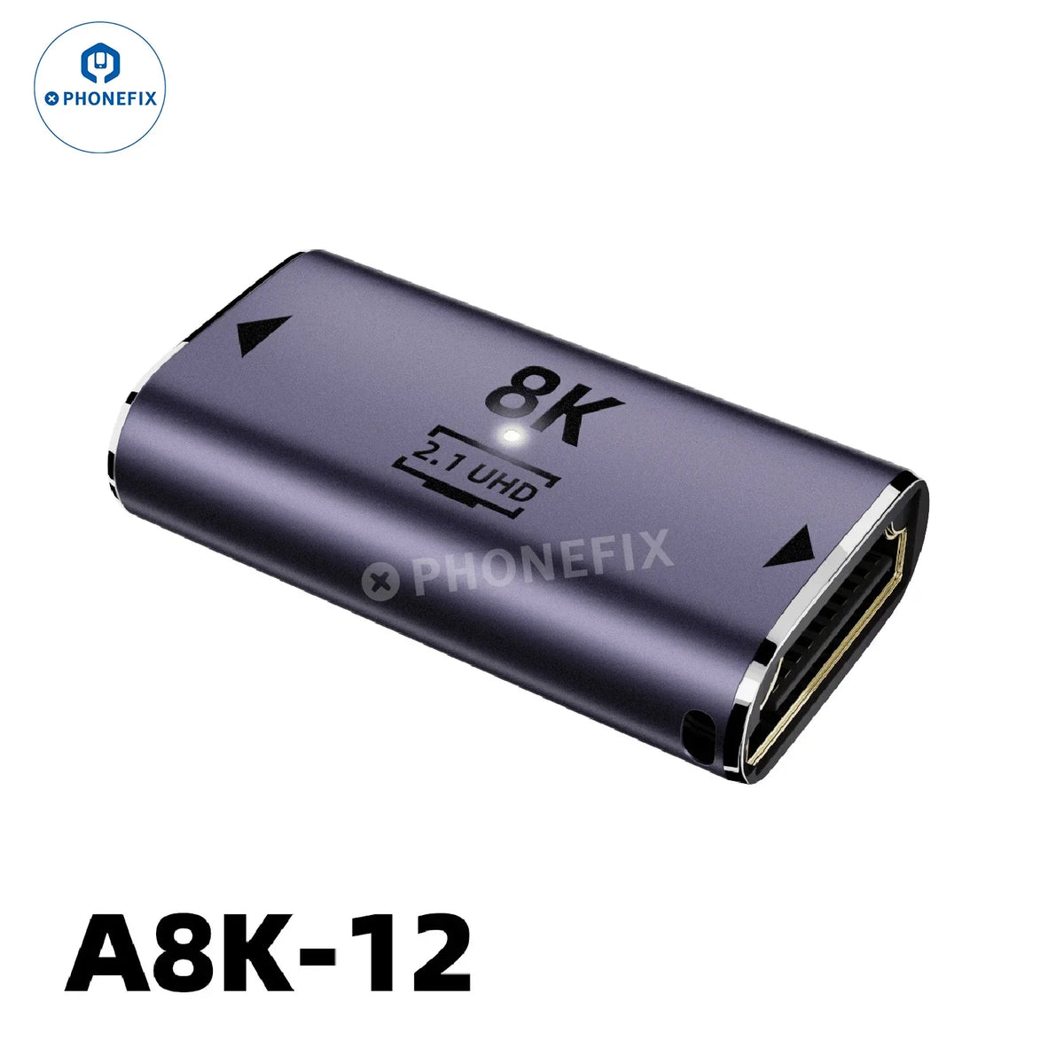 PHONEFIX 8K 60Hz 48Gbps converter extension connector for phones, laptops, and HDTVs, with a sleek black design.