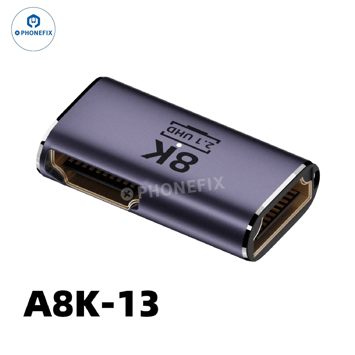 PhoneFix 8K 60Hz 48Gbps converter extension connector for phone, laptop, and HDTV, showing the sleek black device connected to a screen.