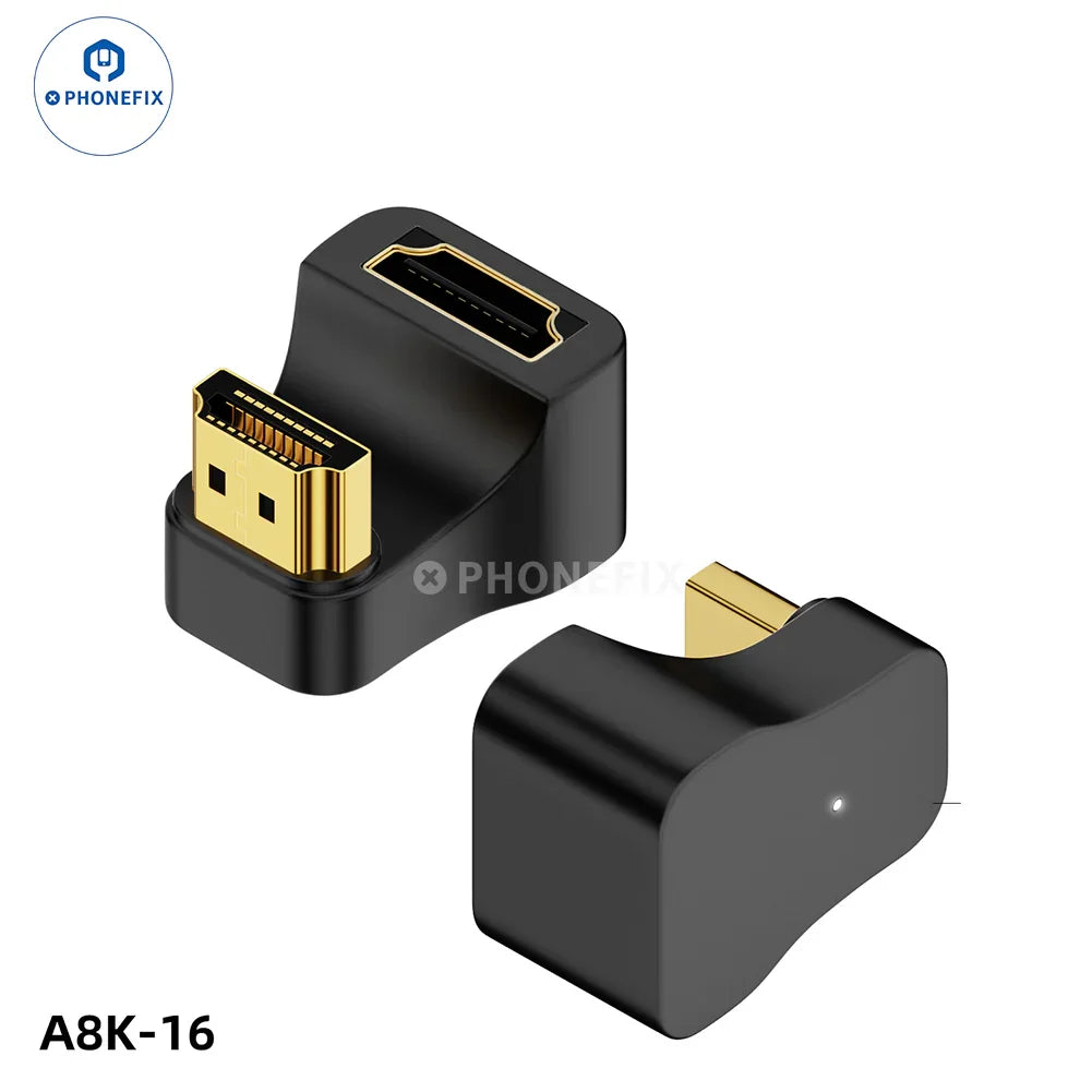 PhoneFIX 8K 60Hz 48Gbps converter extension connector for phones, laptops, and HDTVs, shown connected to electronic devices.