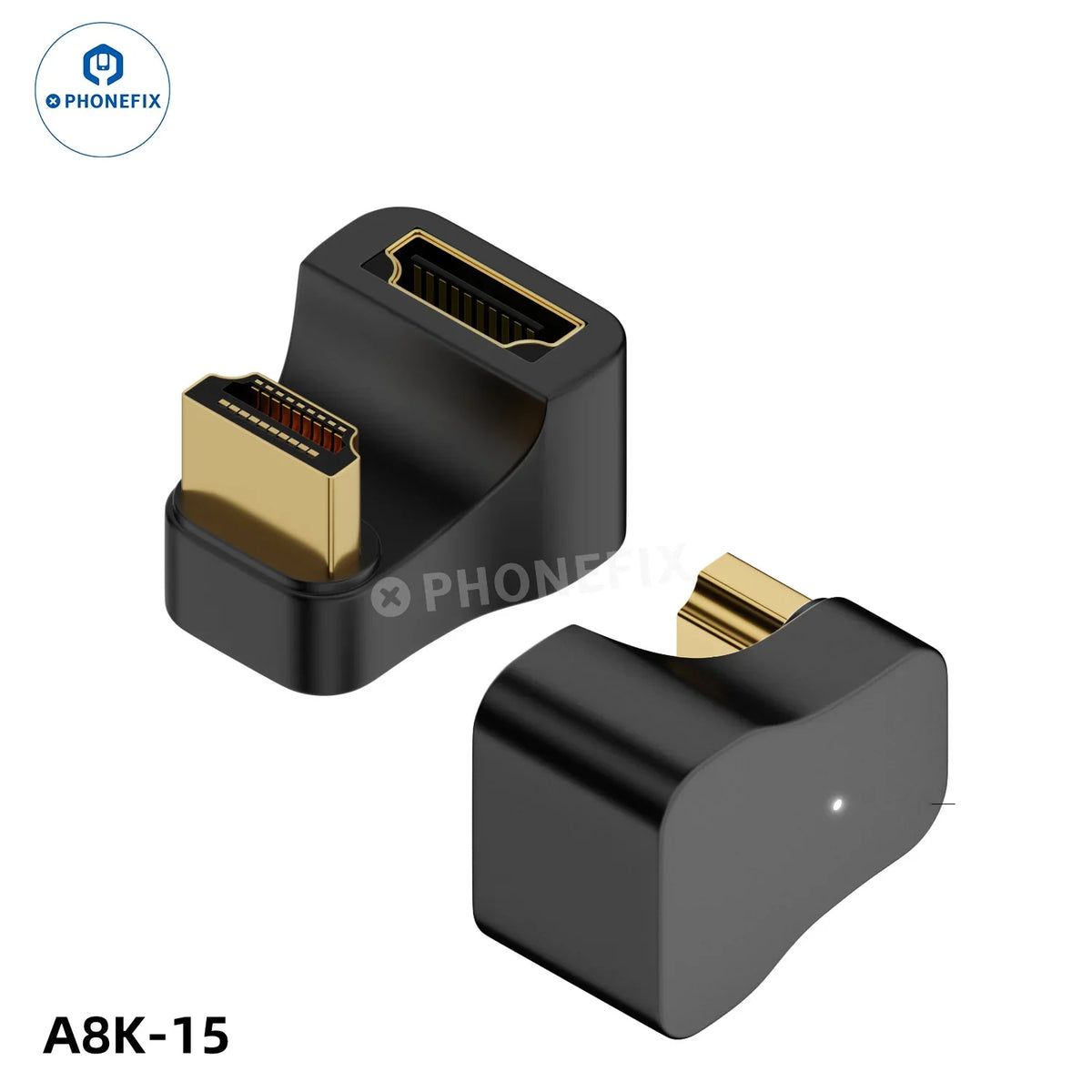 PhoneFix 8K 60Hz 48Gbps converter extension connector for phone, laptop, and HDTV 3C accessories, shown connected to devices.