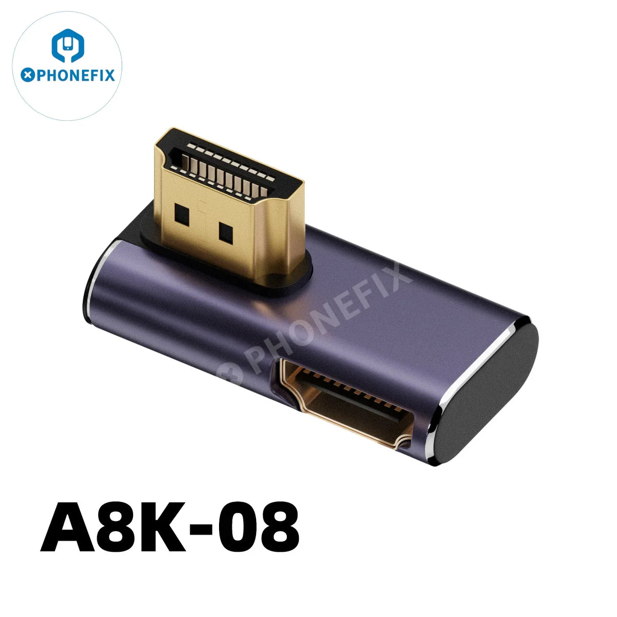 PhoneFix 8K 60Hz 48Gbps converter extension connector for phone, laptop, and HDTV, showing the compact device with ports and cables.