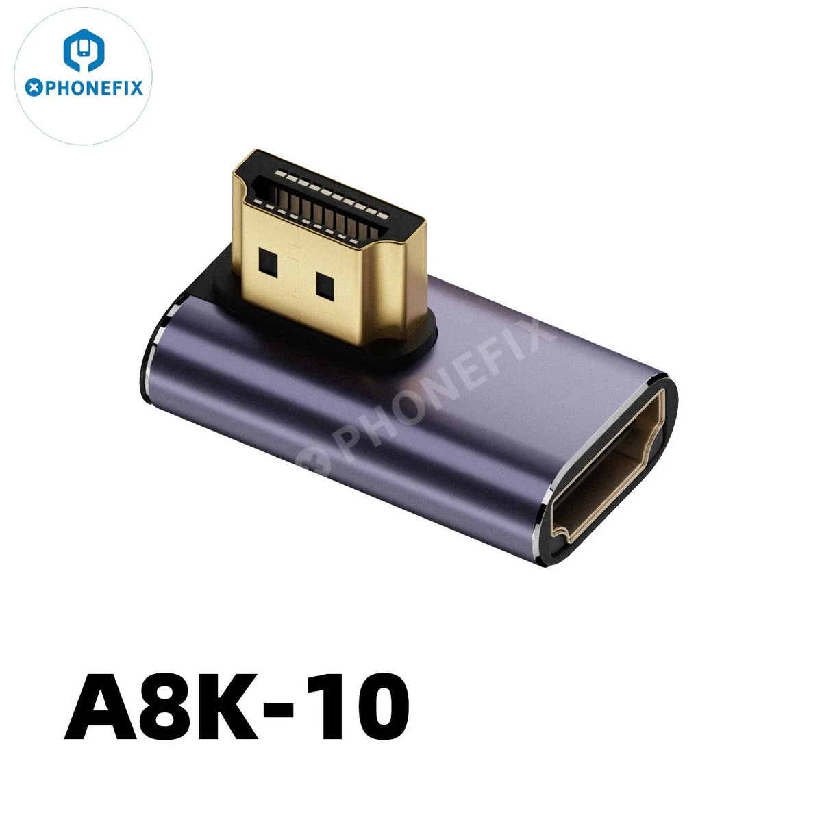 PhoneFix 8K 60Hz 48Gbps converter extension connector for phone, laptop, and HDTV 3C accessories, shown connected to devices.