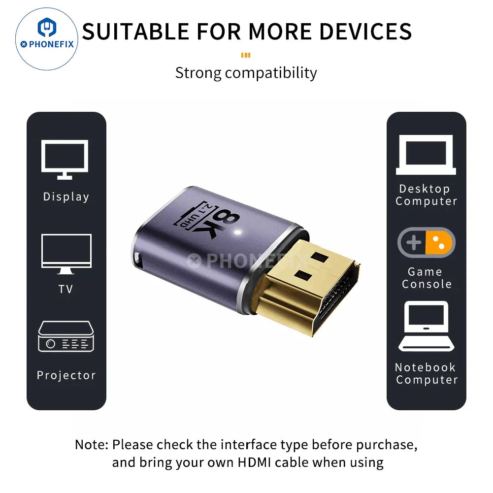 PhoneFix 8K 60Hz 48Gbps converter extension connector for phone, laptop, and HDTV, featuring sleek 3C accessories design.