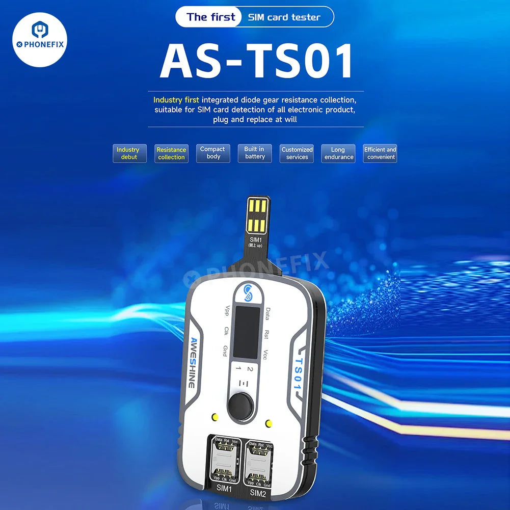 PHONEFIX Aweshine TS-01 SIM card tester for iPhone, iPad, and Android devices, showing the compact electronic testing device.