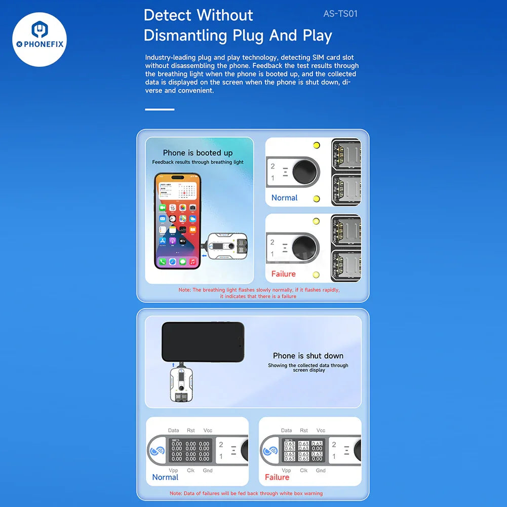 PHONEFIX Aweshine TS-01 SIM card tester for iPhone, iPad, Android devices, 3C accessories for testing and troubleshooting SIM cards.