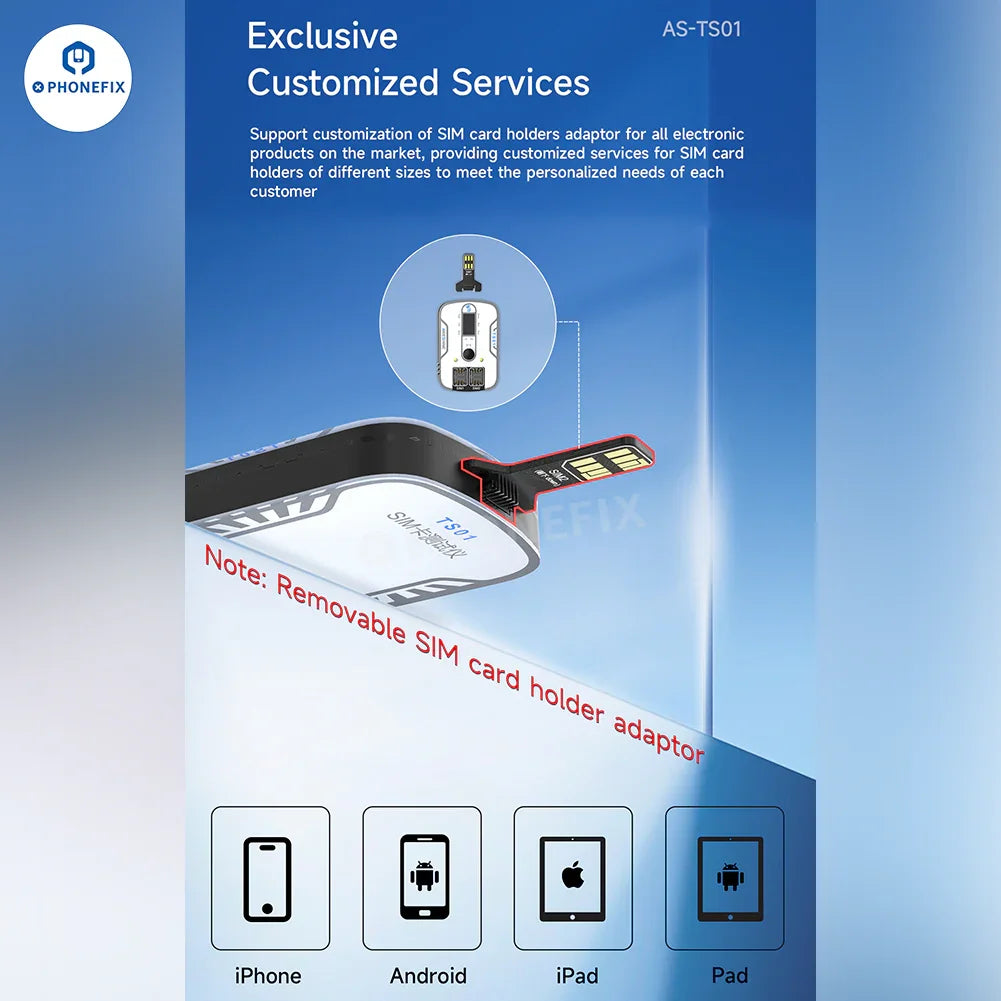PhoneFix Aweshine TS-01 SIM card tester for iPhone, iPad, and Android devices, showing the compact testing device in a close-up shot.
