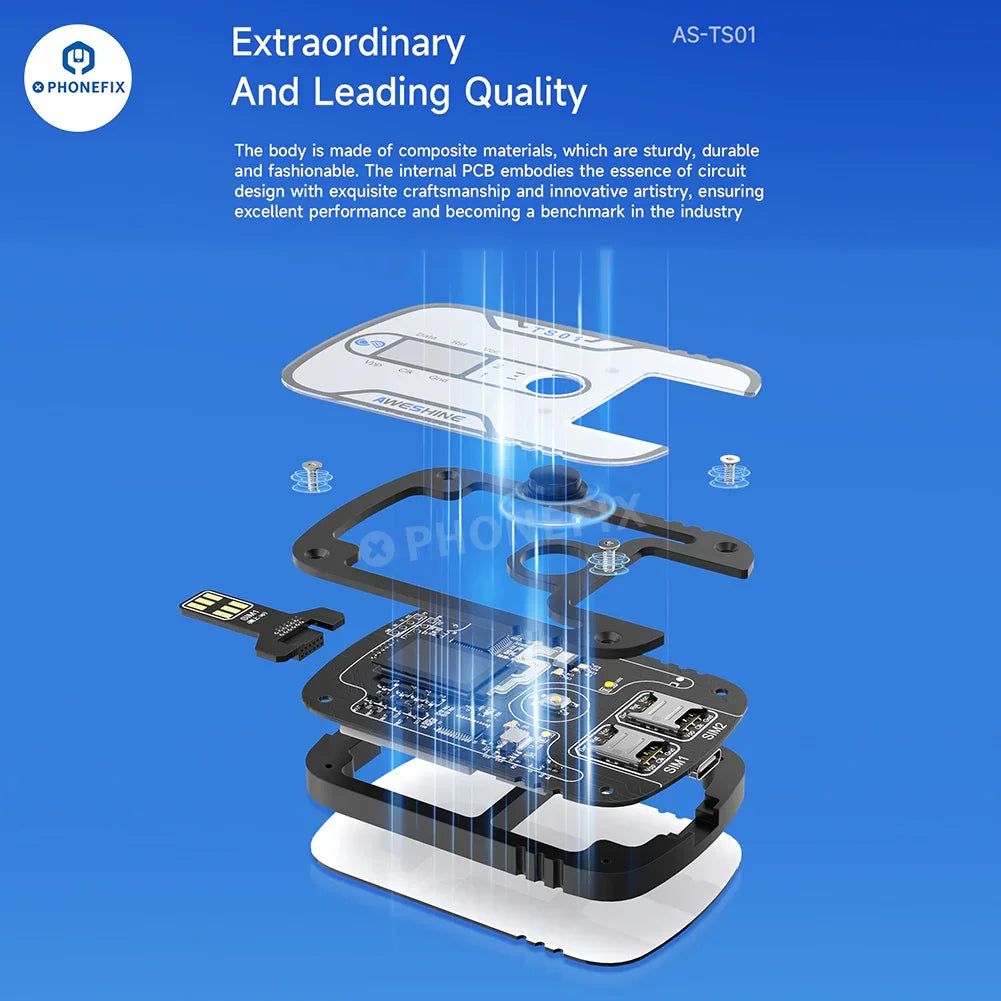 PHONEFIX Aweshine TS-01 SIM card tester for iPhone, iPad, Android devices, showcasing the compact 3C accessory in use.