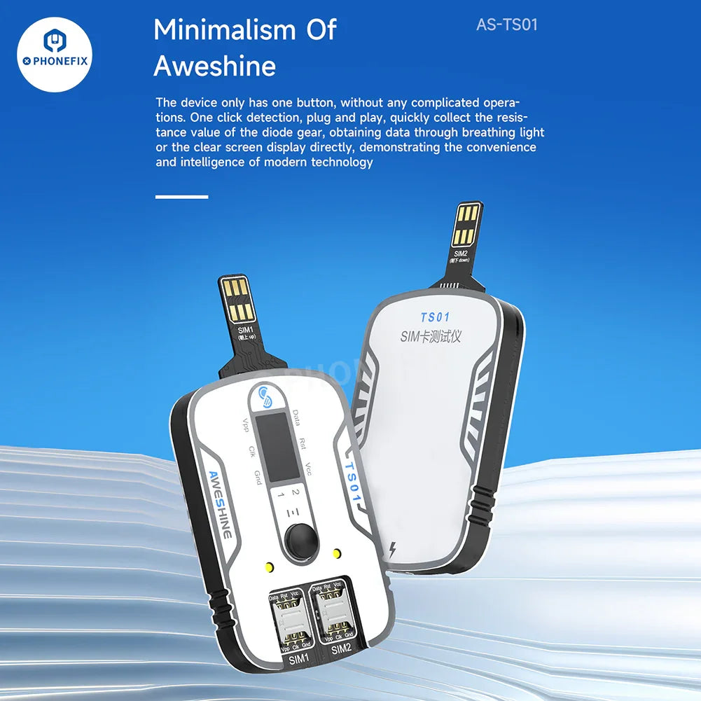 Phonefix Aweshine TS-01 SIM card tester for iPhone, iPad, Android devices, showing the device with SIM slot and testing interface.