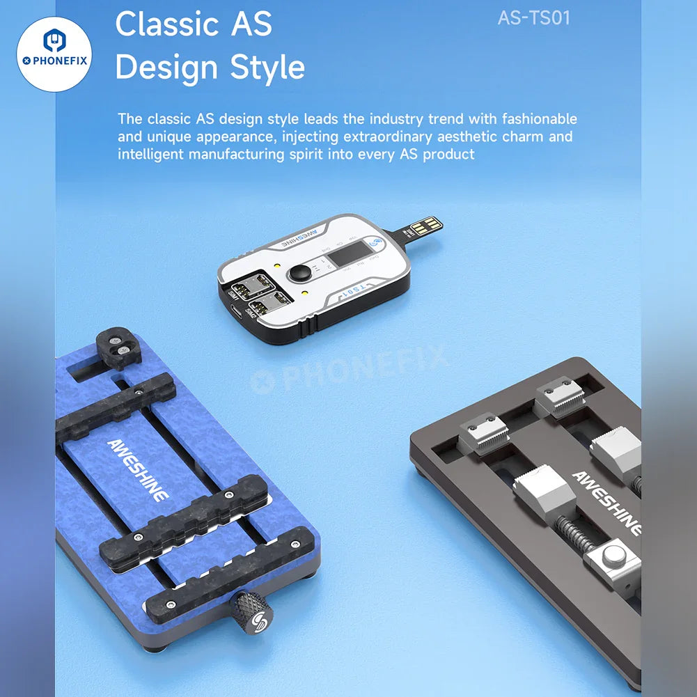 PHONEFIX Aweshine TS-01 SIM card tester for iPhone, iPad, Android devices, and all electronics, showing the tester device with SIM slot.