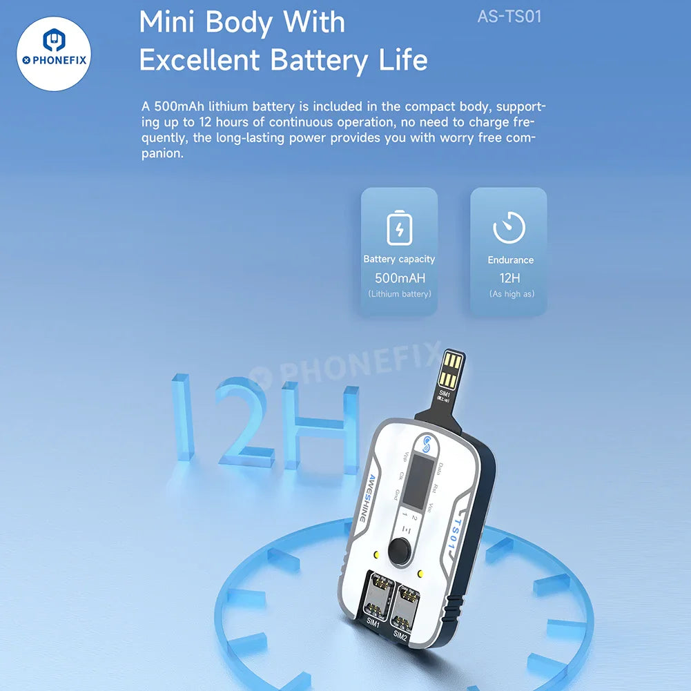 Aweshine TS-01 SIM card tester by PHONEFIX for iPhone, iPad, Android, and electronics, showing the device with SIM cards inserted.