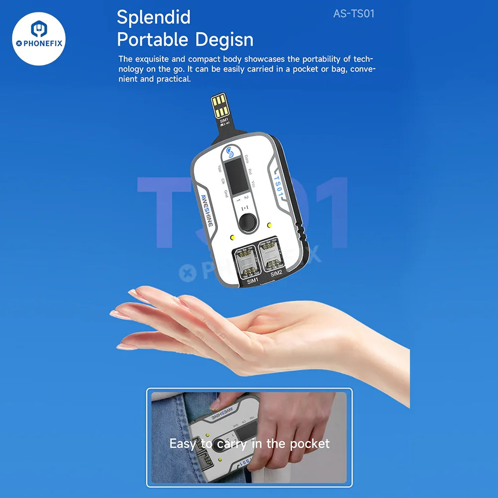 PHONEFIX Aweshine TS-01 SIM card tester for iPhone, iPad, Android devices, 3C accessories, with visible SIM slot and testing indicators.