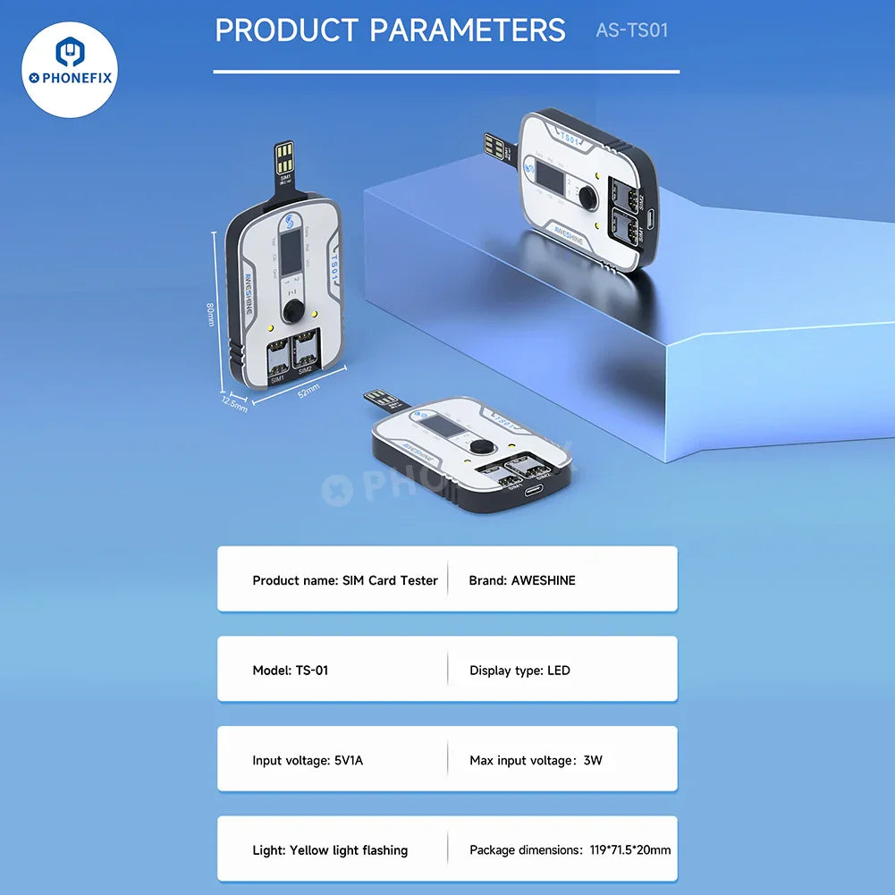 PhoneFix Aweshine TS-01 SIM card tester for iPhone, iPad, and Android devices, designed for testing and troubleshooting electronics.