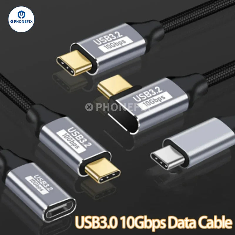 USB 3.1 Gen2 straight and elbow extension digital cable by PHONEFIX, 3C accessory, shown with connectors and cable details