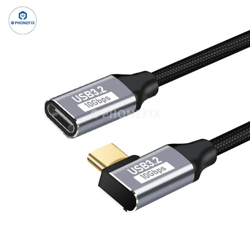 Cable de extensión digital PhoneFix USB 3.1 Gen2 recto y en ángulo para accesorios 3C, color negro con conectores plateados.