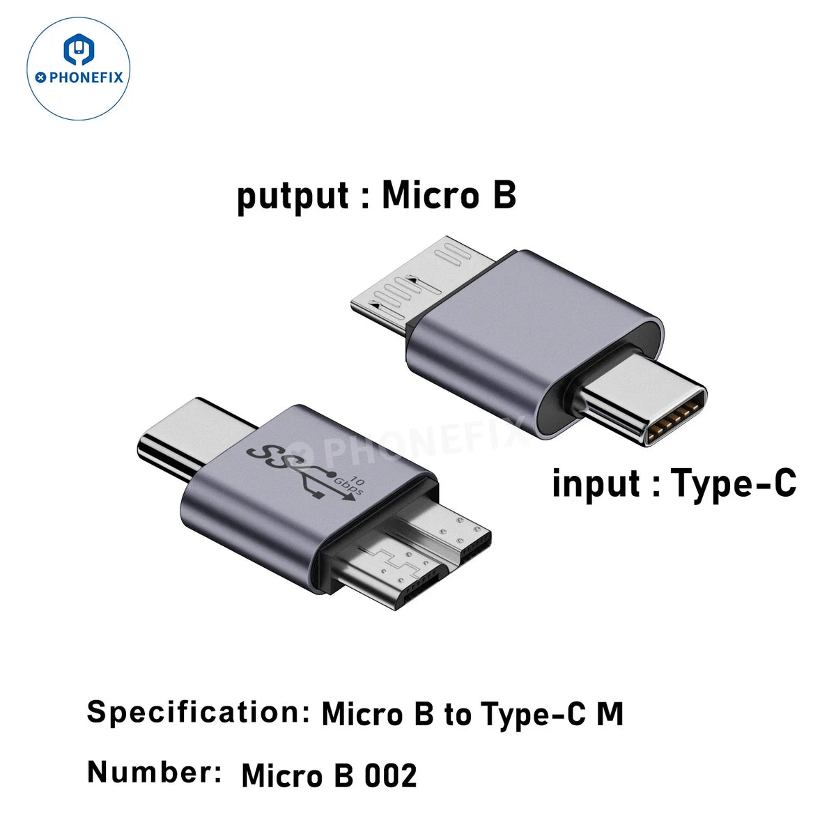 Micro B to Type-C USB-A adapter for mobile hard drives, PHONEFIX 3C accessory, supports 10Gbps data transfer, compact and reliable.