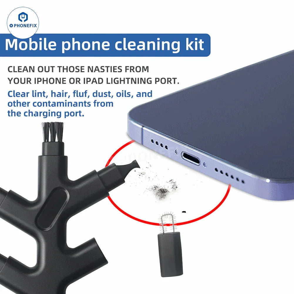 PHONEFIX mobile phone cleaning kit with charging port and headphone cleaner, compact 3C accessories for device maintenance.